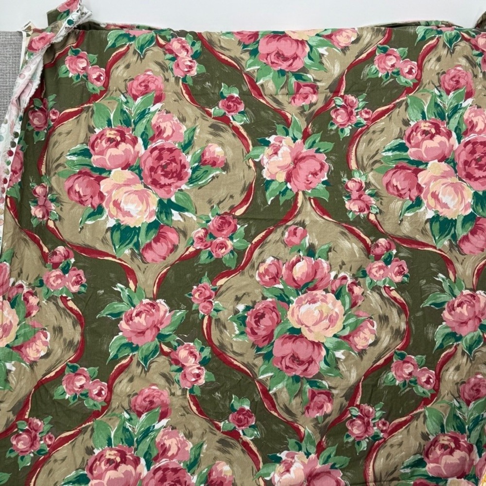 Vtg Bloomcraft Laurette Design Fabric 5 Yards Floral Rose Ribbon Green Pink
